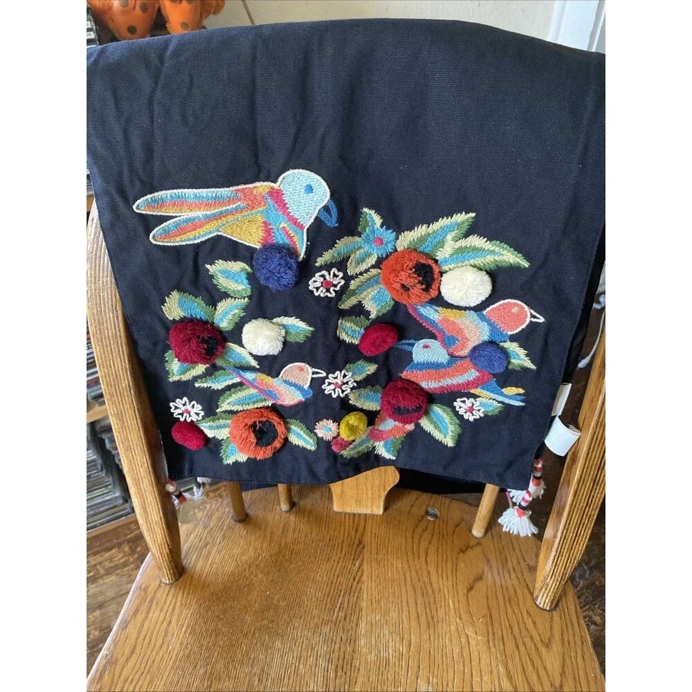 Pier 1 PomPoms & Embroidered Tropical Birds Black Background 72